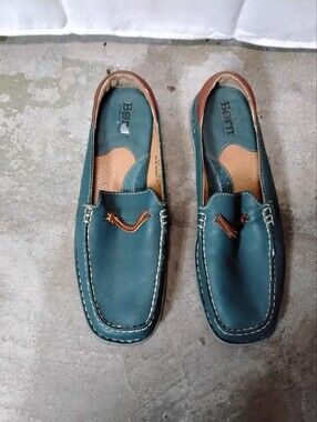 Born Teal Leather Moc Toe Slip-On Loafers with Tan Accents